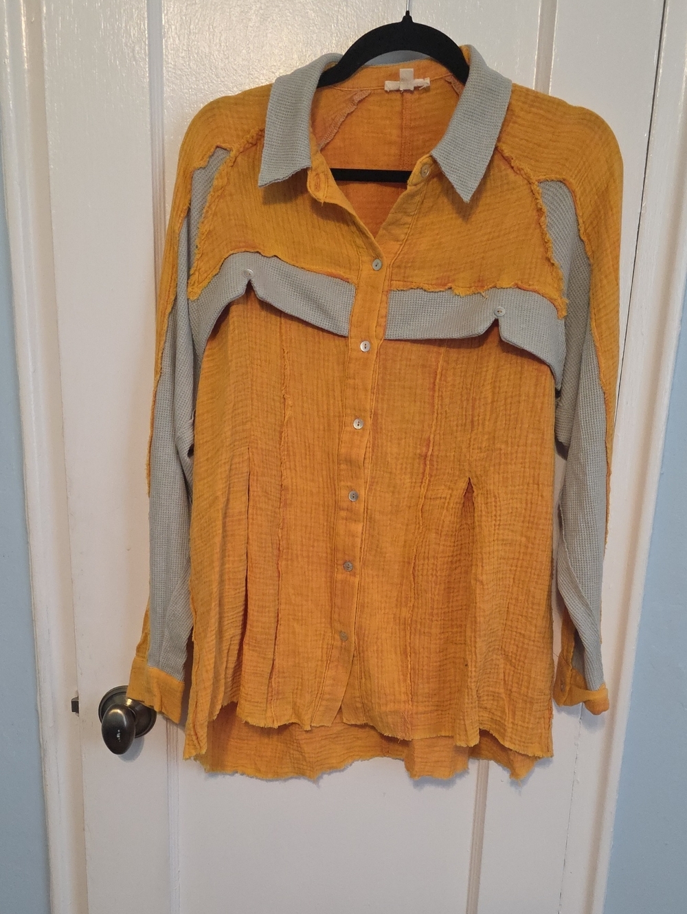 Textured Two-Tone Mustard and Light Gray Button-Down Shirt